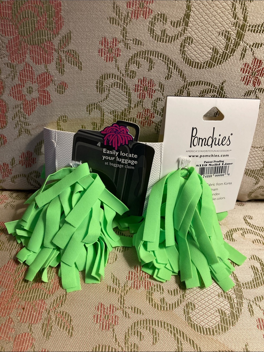 NWT - 2 Pomchies Pom - I.D. Tag Your Bag Neon Lime Green Fringe Snap On Pom-Poms